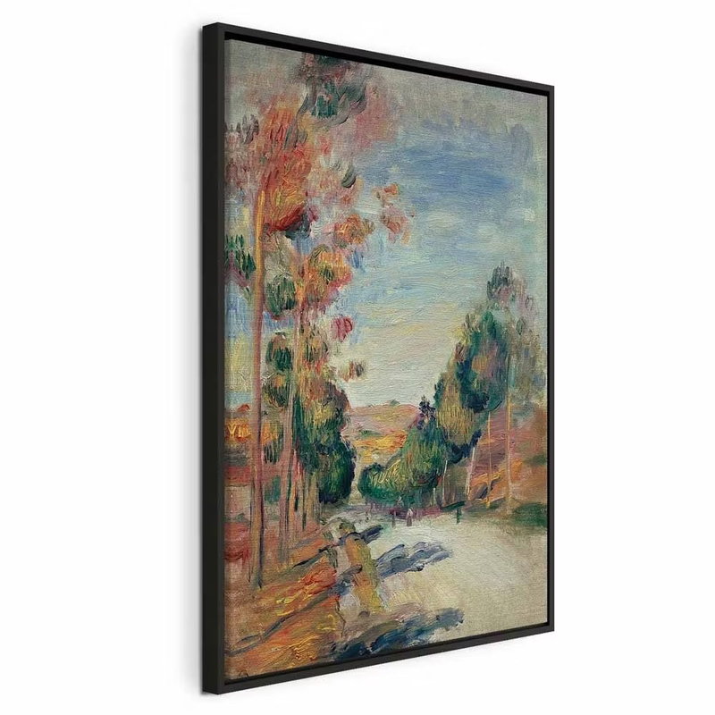 Pierre auguste renoir – svart ram. En ljus väg leder mellan träd i en målning med mjuka gröna, rosa och blå färgpartier.