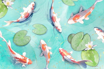 Pond in japan – motivvy. Vita och röda fiskar simmar bland gröna näckrosblad i ett illustrerat turkost vatten.