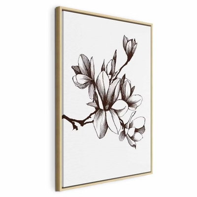 Renaissance magnolias – naturfärgad ram. Blommande magnoliagrenar tecknas med bruna och svarta konturer mot en vit bakgrund.