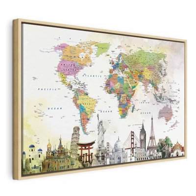 Wonders of the world wide – naturfärgad ram. En färgrik världskarta möter små illustrerade landmärken längs bildens nedre del.