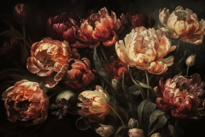 Blooming tulips – motivvy. Täta röda, rostrosa och crèmefärgade blommor med mörka blad återges i en bred komposition.
