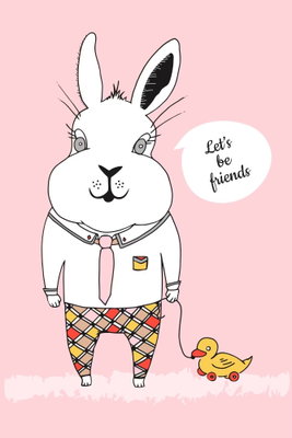 Rabbit and s friend vertical – motivvy. En vit, klädd kanin står intill en liten gul fågel mot en rosa bakgrund med en textbubbla.
