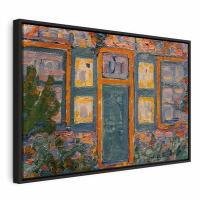 Piet mondrian house in – svart ram. En dörr och fönsterpartier återges med kraftiga orange, gröna och gula penseldrag.