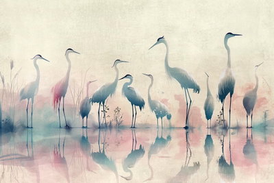 Birds by the lake herons – motivvy. En grupp ljusa långhalsade fåglar och deras speglingar återges i mjuka rosa, blå och gröna akvarelltoner.