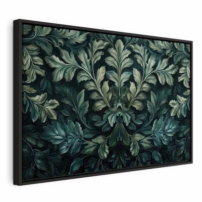 Dark green victorian leaves – svart ram. Täta, svängda gröna blad bildar ett spegelsymmetriskt ornament över en nästan svart bakgrund.