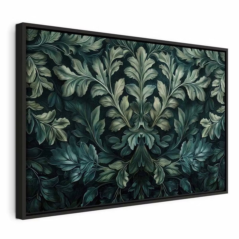 Dark green victorian leaves – svart ram. Täta, svängda gröna blad bildar ett spegelsymmetriskt ornament över en nästan svart bakgrund.