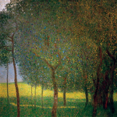 Gustav klimt fruit trees on – motivvy. Täta grönbruna trädkronor och smala stammar omger en solbelyst gulgrön gräsyta.