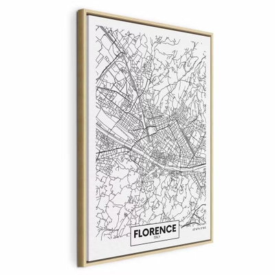 Florence map vertical – naturfärgad ram. Ett tätt nät av tunna svarta gator och kvarter fyller en vit stadskarta med ortsnamnet FLORENCE nedtill.