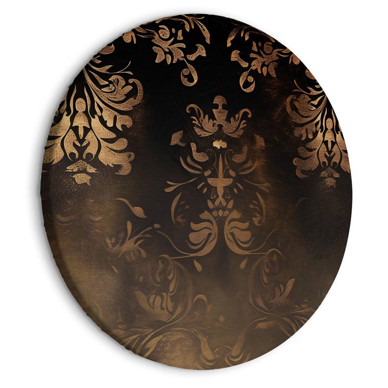 Rund motivvy för Baroque ornaments: Guldfärgade blom- och bladslingor framträder mot en mörk, flammig bakgrund.