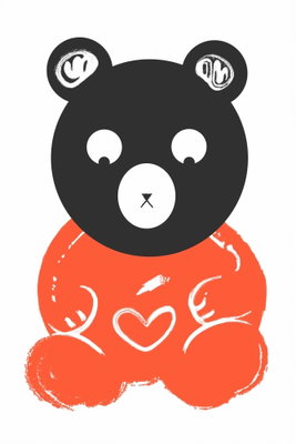 Thoughtful bear vertical – motivvy. Ett svart björnhuvud och en röd kropp med vita markeringar bildar en stiliserad figur mot vitt.