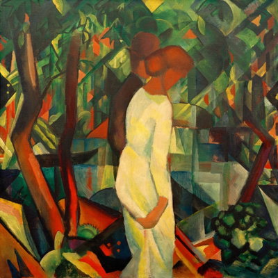 August macke paar im wald – motivvy. Två personer i ljusa kläder och hattar står bland kantiga gröna, röda och bruna trädformer.