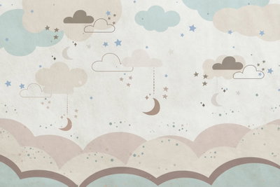 Cloudy night sky moons in – motivvy. Små månskäror, stjärnor och regndroppar ligger mellan blågrå och beige moln över rundade pastellkullar.