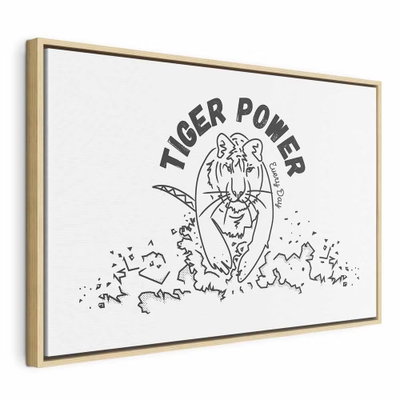 Tiger power wide – naturfärgad ram. Ett tigerhuvud i svart linjeteckning omges av växtformer och typografi på en vit botten.