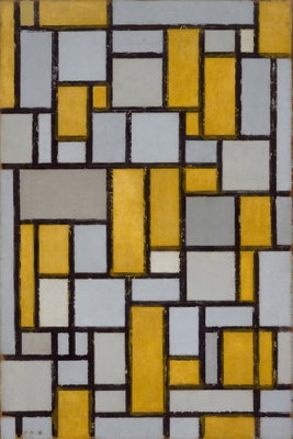 Piet mondrian composition – motivvy. Svarta linjer delar in ljusa och gula rektanglar i ett tätt geometriskt mönster.