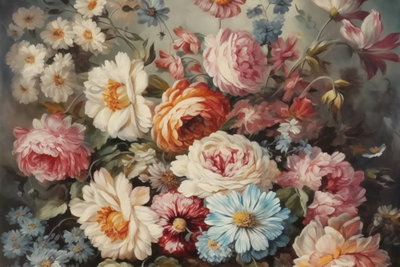 The scent of garden flowers – motivvy. En tät bukett i crème, rosa, rött och blått samlas mot en gråaktig bakgrund med gröna blad mellan blommorna.