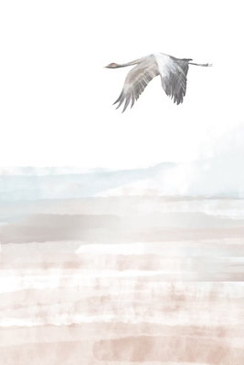 Crane and s flight vertical – motivvy. En ljus, långhalsad fågel breder ut vingarna över horisontella färgskikt i vitt, rosa och blågrönt.