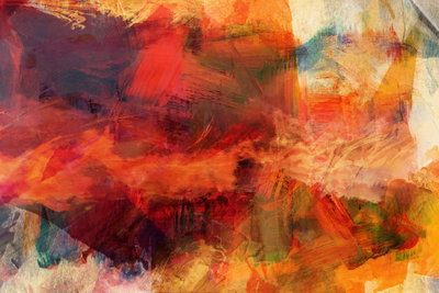 Explosion of wild colors – motivvy. Rött, orange, ockra och mörka partier överlappar varandra i en bred, målerisk komposition.