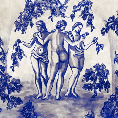 Kvadratisk motivförlaga för Ancient vineyard: Blåtonade antika figurer omges av vinrankor och druvklasar mot en ljus bakgrund.