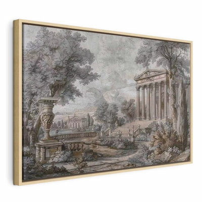 Temple on a hill greek – naturfärgad ram. Ett tempel med klassiska kolonner ligger i ett landskap i dämpade grågröna och brunaktiga toner.