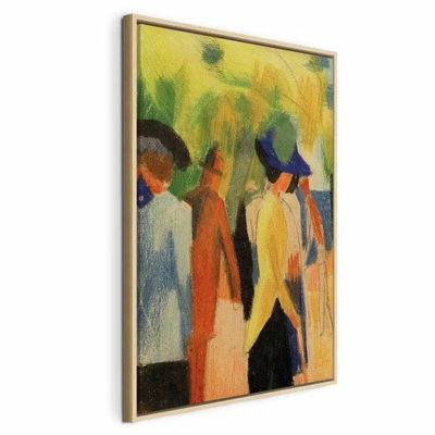 August macke walker under – naturfärgad ram. Flera förenklade personer med hattar återges i gula, orange, gröna och blå fält mot en ljus parkbakgrund.