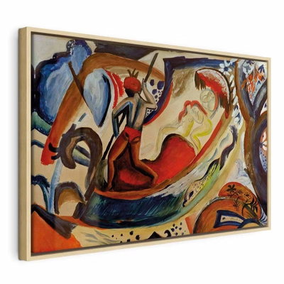 August macke nackte mädchen – naturfärgad ram. Röda, blå, svarta och gula böjda former möts i en livlig, tätt målad komposition.