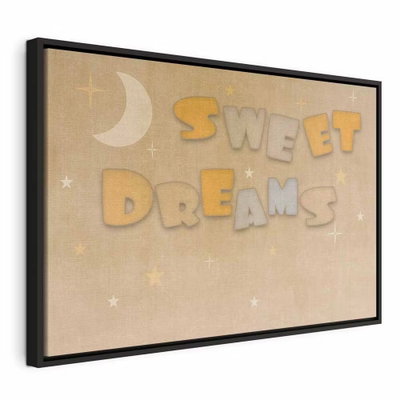 Sweet dreams pastel – svart ram. Orden SWEET DREAMS möter en liten måne och ljusa stjärnformer på en varmt beige bakgrund.