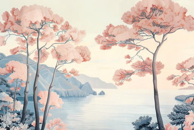 Landscape with the ocean – motivvy. Höga träd med rosa kronor ramar in ett ljust vattenlandskap med blå klippor och en varm himmel.
