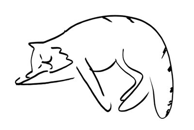 Cat and s dreams vertical – motivvy. En utsträckt, sovande katt återges med en tunn svart linje på en stor vit bildyta.