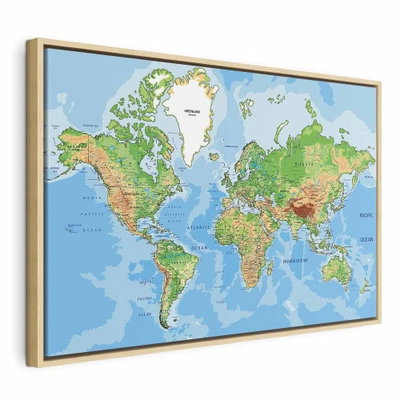 Explore the world – naturfärgad ram. En detaljerad världskarta visar blå hav och kontinenter i gröna, gula och bruna höjdskiftningar.