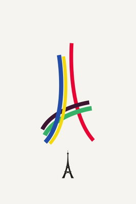 Eiffel tower colorful – motivvy. Blå, röda, gula och gröna linjer bildar en förenklad tornfigur över en liten svart Eiffeltornssymbol.