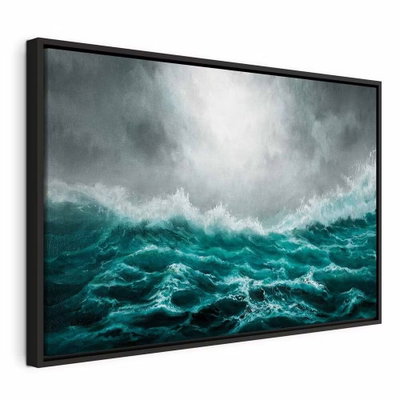 Restless ocean wide – svart ram. Höga turkosa vågor och vitt skum breder ut sig under en mörk, grå molnhimmel.