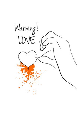 Warning love vertical – motivvy. Händer i svart linjeteckning formar ett hjärta tillsammans med en liten orange färgaccent och text.