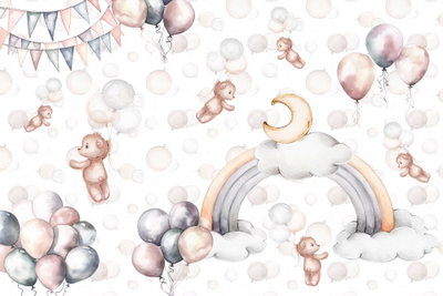 Toy bears with balloons – motivvy. En tecknad nalle, ballonger och en regnbåge samlas i ett barnmotiv med ljusa pastellfärger.