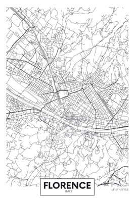 Florence map vertical – motivvy. Ett tätt nät av tunna svarta gator och kvarter fyller en vit stadskarta med ortsnamnet FLORENCE nedtill.