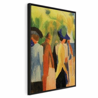 August macke walker under – svart ram. Flera förenklade personer med hattar återges i gula, orange, gröna och blå fält mot en ljus parkbakgrund.