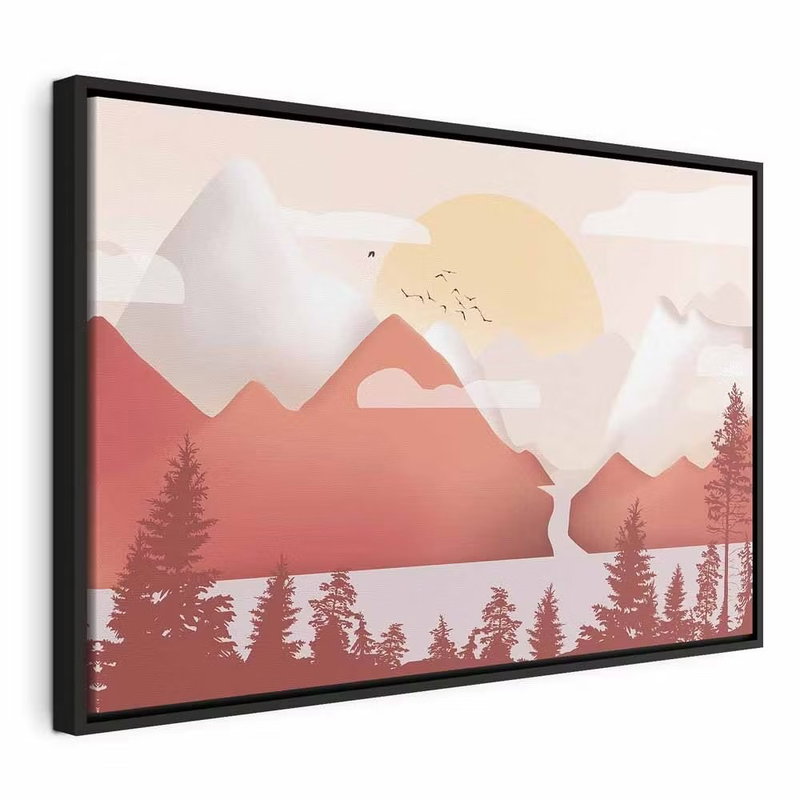 Landscape at sunset wide – svart ram. Rosa berg, mörka barrträd och en ljus sol bildar ett stiliserat landskap med små moln.