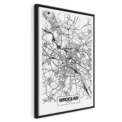 City plan wroclaw vertical – svart ram. Svarta gator och vattenformer bildar ett tätt kartmönster på vitt med namnet WROCŁAW nedtill.