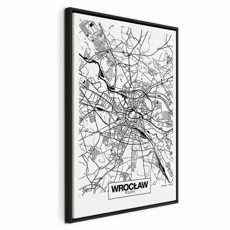 City plan wroclaw vertical – svart ram. Svarta gator och vattenformer bildar ett tätt kartmönster på vitt med namnet WROCŁAW nedtill.