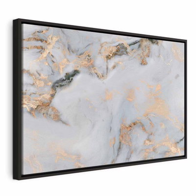 White stone elegant marble – svart ram. Ljusgrå marmorering med mörka och guldfärgade ådringar bildar ett luftigt stenmönster.