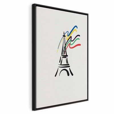 Eiffel tower and colorful – svart ram. Ett svart, stiliserat Eiffeltorn möter slingrande linjer i blått, gult, rött och grönt på ljus botten.