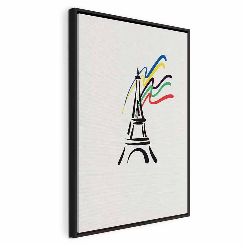Eiffel tower and colorful – svart ram. Ett svart, stiliserat Eiffeltorn möter slingrande linjer i blått, gult, rött och grönt på ljus botten.