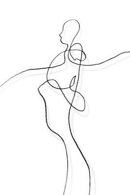 My soul vertical – motivvy. En kvinnlig figur med utsträckt arm antyds av tunna, slingrande svarta linjer mot vitt.
