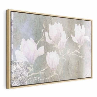 White magnolias wide – naturfärgad ram. Vita och blekt rosa magnoliablommor ligger mot en mjukt grågrön bakgrund.