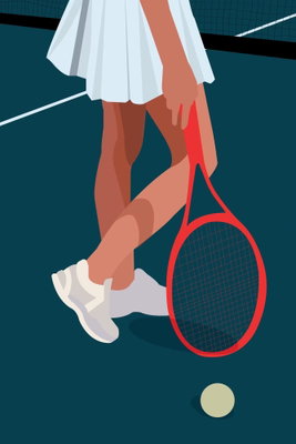 Female tennis player with a – motivvy. En beskuren illustration visar en person i vit kjol med ett rött tennisracket och en gul boll på mörkt blågrönt.