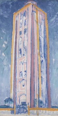 Piet mondrian lighthouse – motivvy. Ett högt, smalt torn återges i ljusa gula och rosa penseldrag mot en blå himmel.