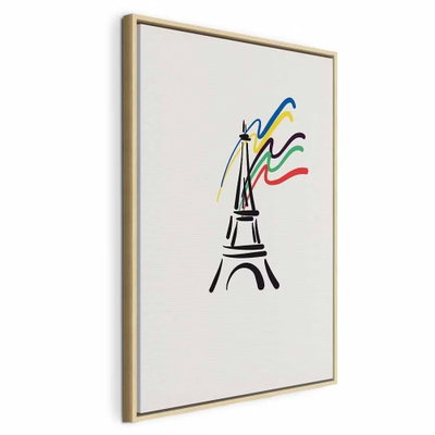 Eiffel tower and colorful – naturfärgad ram. Ett svart, stiliserat Eiffeltorn möter slingrande linjer i blått, gult, rött och grönt på ljus botten.