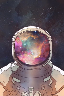 Star explorer vertical – motivvy. En astronaut med en färgrik stjärnhimmel i hjälmens visir återges mot en mörk rymdbakgrund.