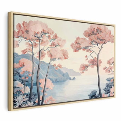 Landscape with the ocean – naturfärgad ram. Höga träd med rosa kronor ramar in ett ljust vattenlandskap med blå klippor och en varm himmel.