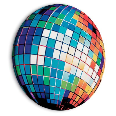 Rund motivvisning af Blue disco ball: Blå og turkise felter møder grønne, hvide og varme farvefelter i en diskokugle med tydeligt gittermønster.