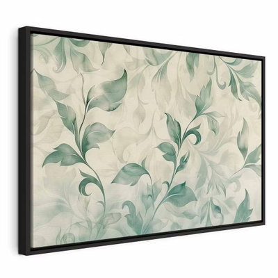 Watercolor botanical motif – svart ram. Mjukt målade gröna blad sprider sig över en ljus, nästan vit bakgrund.